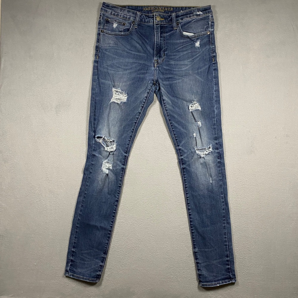 American Eagle Jeans Mens 34x34 Blue Extreme Flex Skinny Distressed Ripped Denim